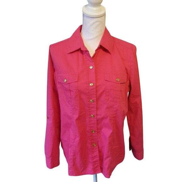 Chicos Hot Pink Button-Up Collared Long Sleeve Shirt Size 1 Medium Cotton Blend - Picture 1 of 4